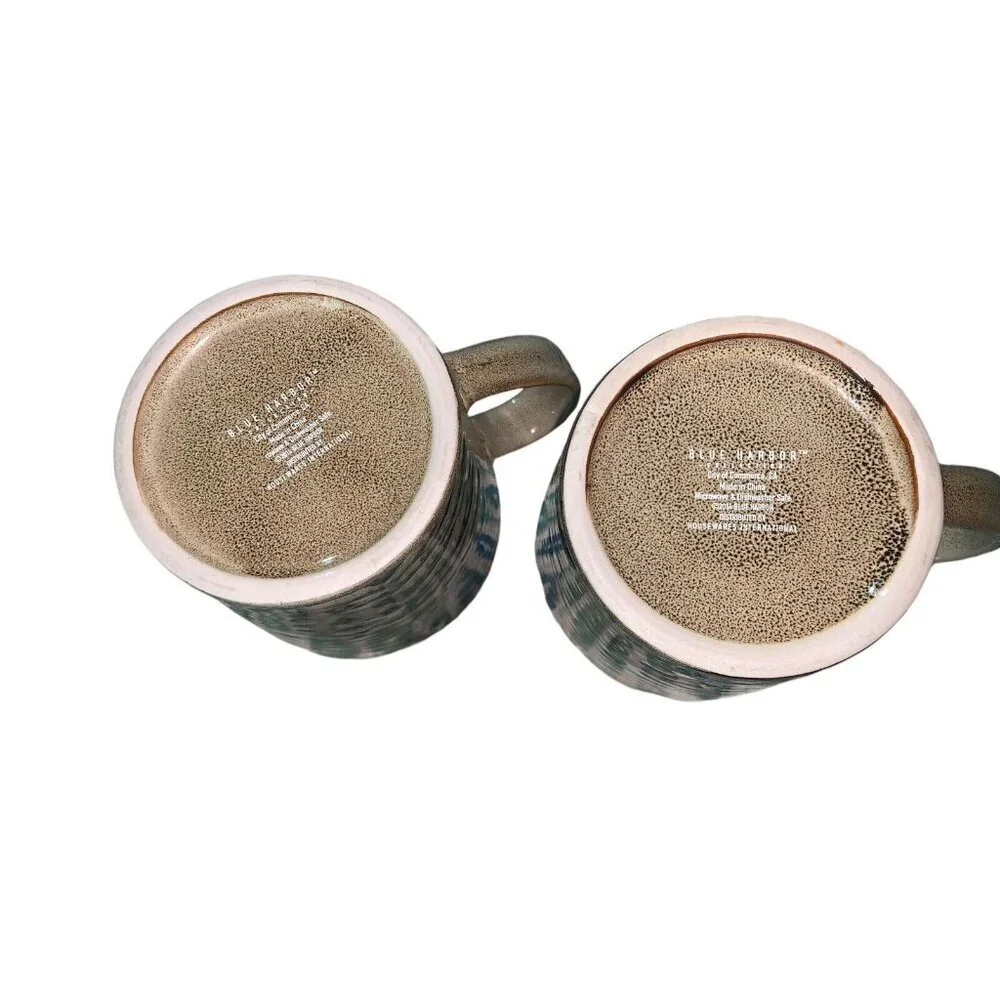Lot of 2‎ Blue Harbor Safari Collection Coffee Mugs Tiger & Floral Tan Blue 2014